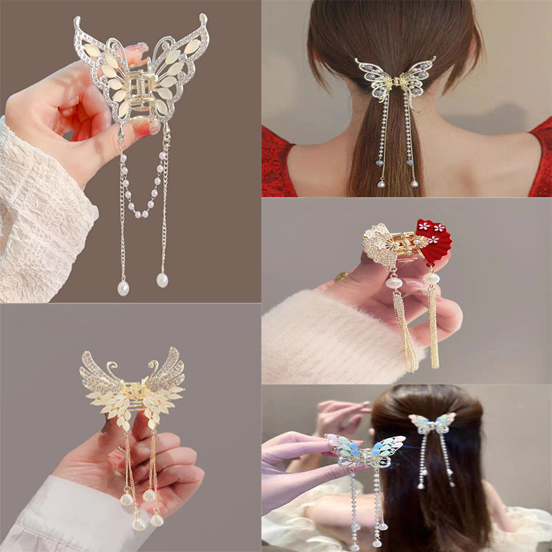 Tassel Butterfly Hairpin for Women, High-End and Elegant, Half-Tied Hair Pendant Hair Accessory, 2023 New Style, Back of the Head Claw Clip with Flowers