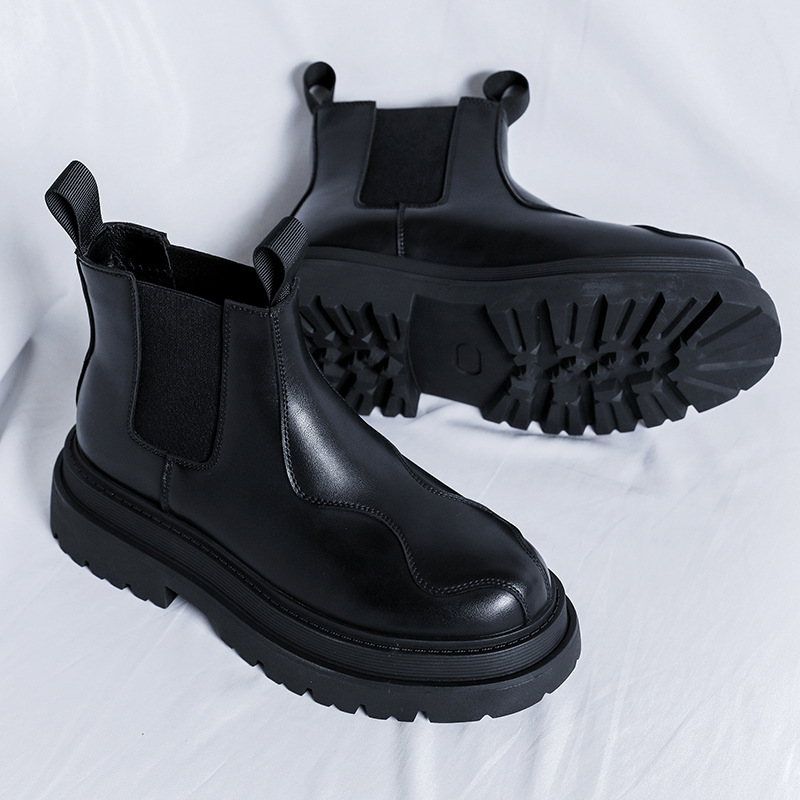 Black Leather Chukka Boots For Men, Trendy Raised Sole Footwear_voghion.com