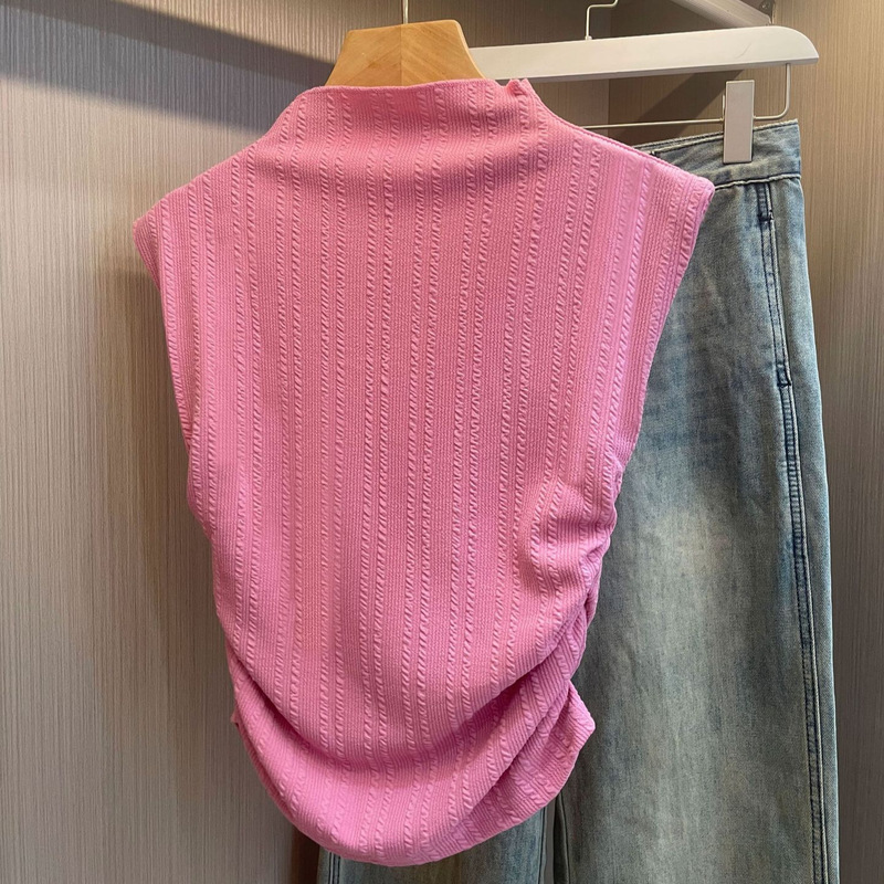 Dopamine Pink Half-high Collar Knitted Short-sleeved T-shirt Women's Summer Tight Waist Sleeveless Vest Small Fly-sleeved Sweet Hot Top