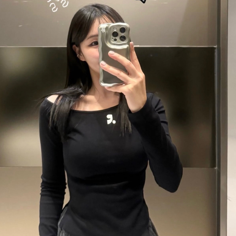 Printed Asymmetrical Neckline Off-Shoulder Long-Sleeve Slim-Fit Casual Short T-Shirt Top