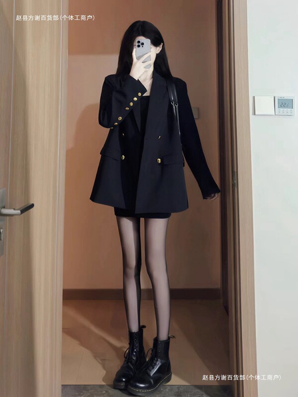 Versatile Loose Suit for Small People, Mid-Length Jacket, Casual Style for Women, Autumn and Winter Temperament, Capable Black Suit