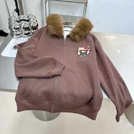 冬季韩版时髦宽松加绒拉链开衫上衣相框凯蒂猫毛领连帽卫衣厚外套