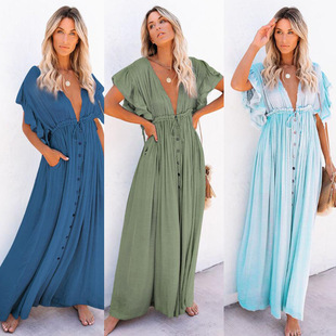 Independent Station Summer Explosions Bamboo Cloth Button Waist Rope Long Skirt Sunscreen Beach Blouse Cross-border Amazon 7-color