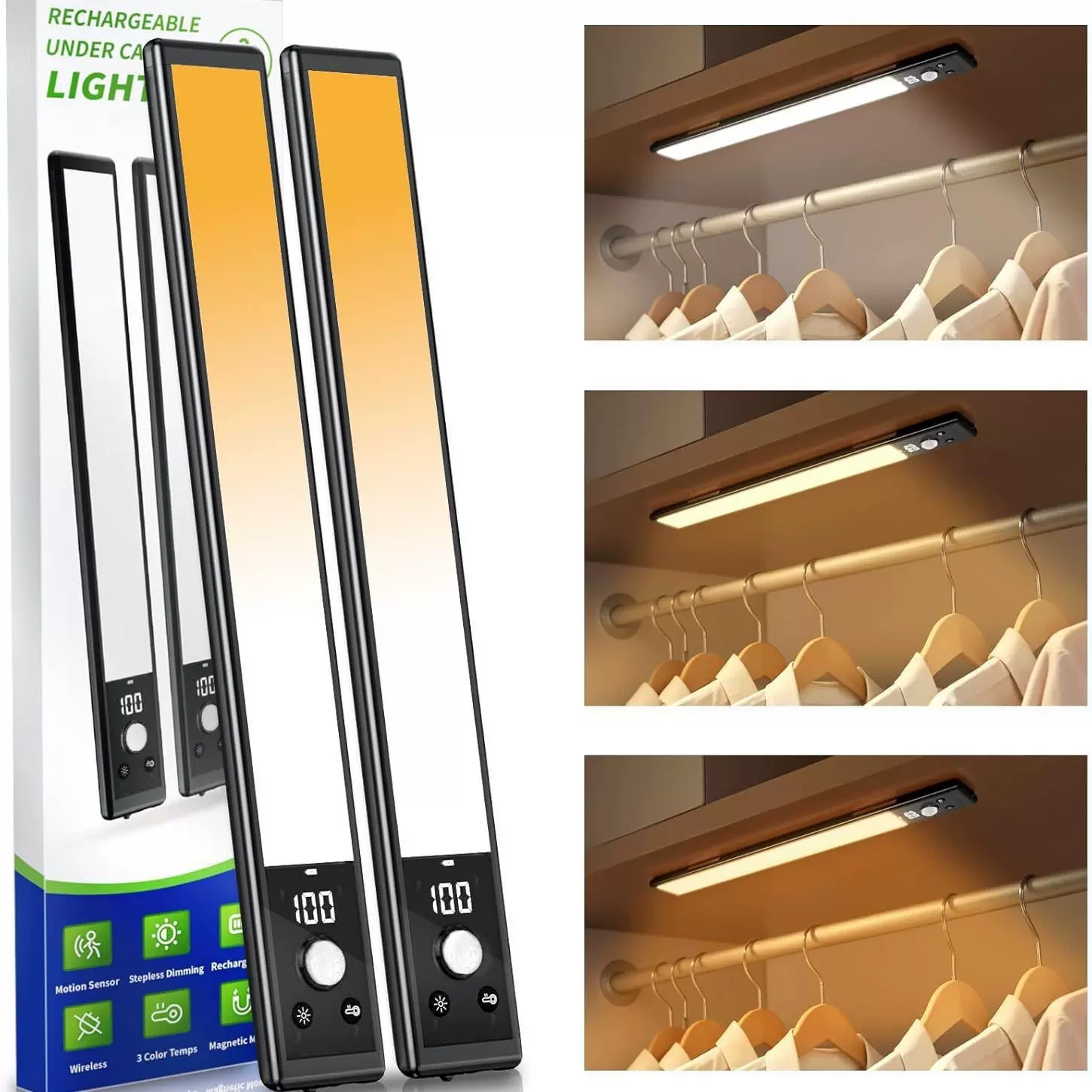 跨境三色led人体感应灯充电式自粘小夜灯台灯橱柜智能感应灯铝制