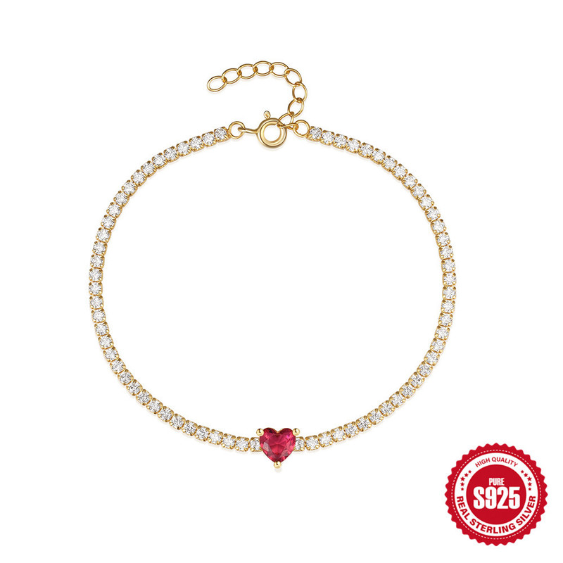 Luxurious Colored Diamond S925 Sterling Silver Tennis Diamond Retro Red Heart Cz Versatile Wedding Gift Women's Bracelet