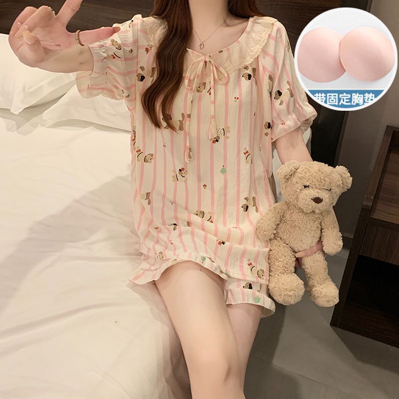 Pijamas con almohadilla fija para el pecho para mujer verano nuevo traje de manga corta de algodón de nube estilo coreano suelto, dulce y lindo servicio a domicilio