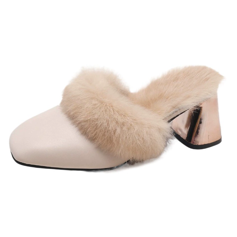 2023 Осенне-зимние Новые пушистые полутапочки на толстом каблуке, женская верхняя одежда, тапочки на высоком каблуке, обувь Мюллера на среднем каблуке, кибер-знаменитости