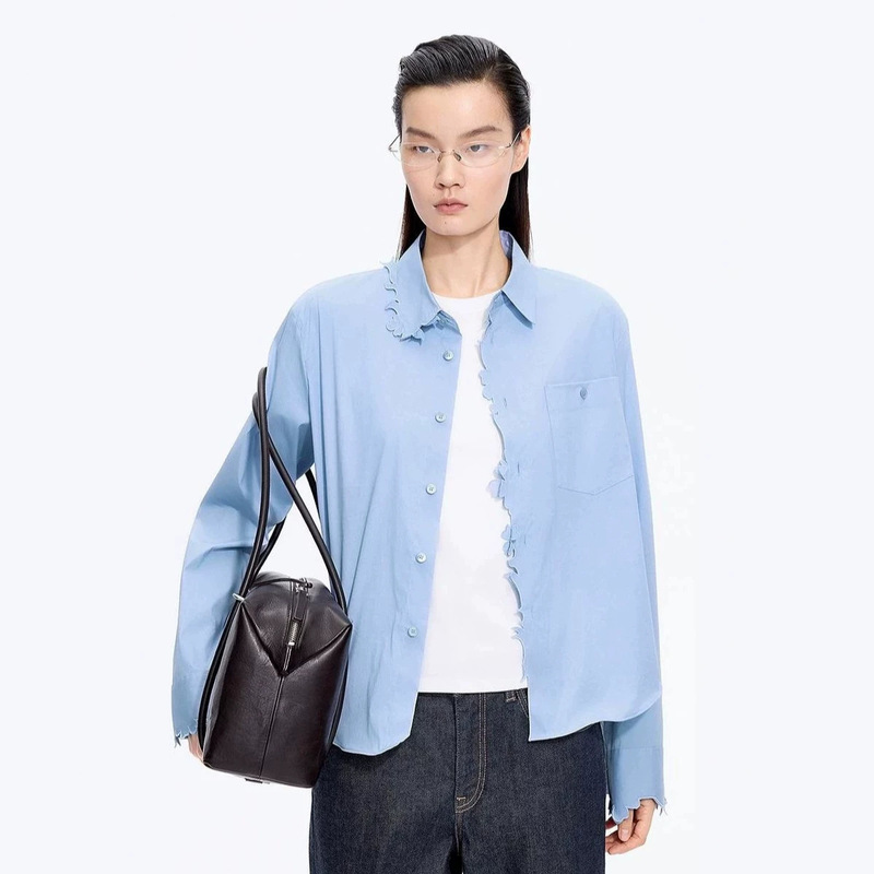 Jn2026 Spring New Long Sleeve Shirt with Paper-Cut Design, Feminine Embroidery, Turn-Down Collar, Stylish Lace, Blue Shirt