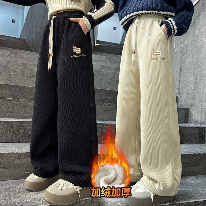 Вельшевые брюки для девочек осенние и зимние 2024 новые девушки все в одном бархатные зимние брюки детские брюки с широкими ногами прямые брюки