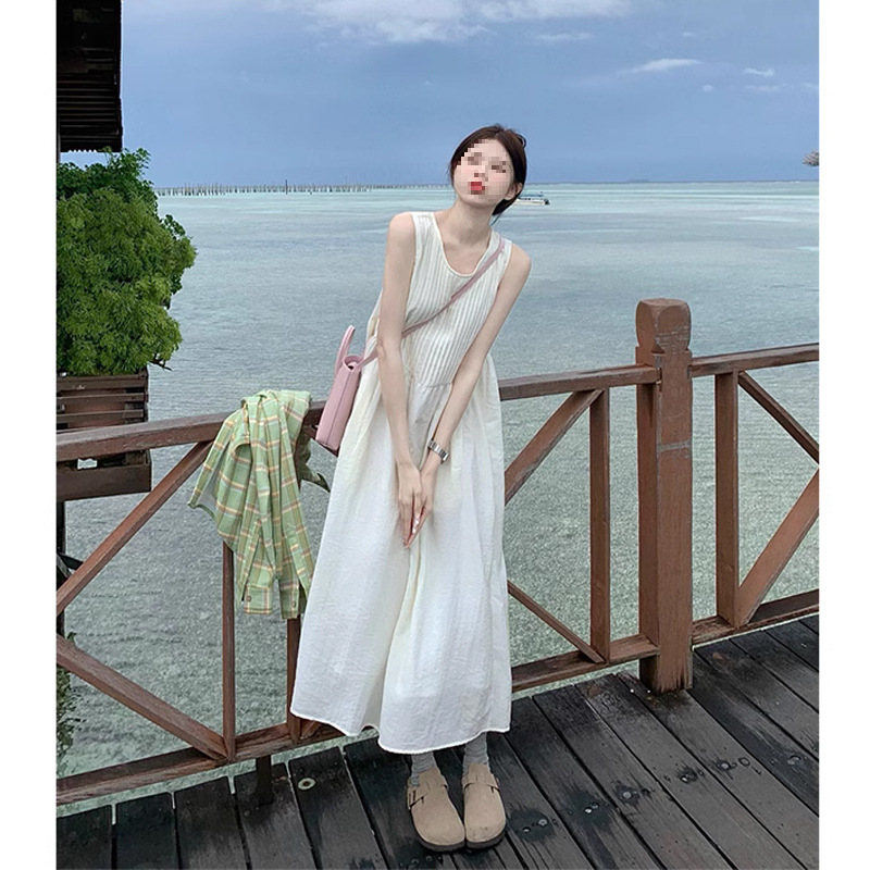 Gentle Style Seaside Vacation White Dress for Women 2025 New Pleated Draped Elegant Vest Dress Sleeveless Long Dress