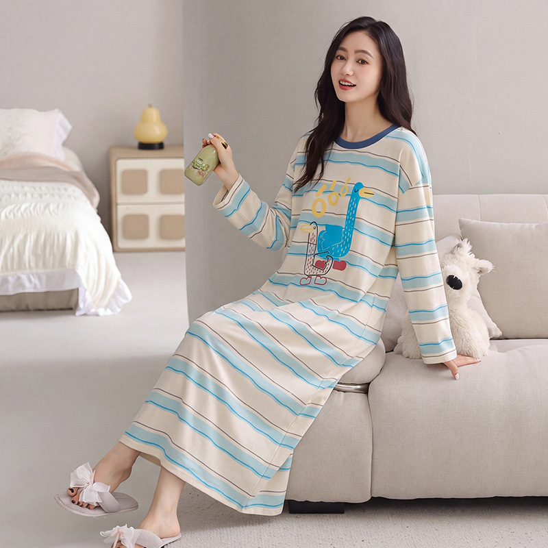 Spring and Autumn Women's Casual Dress with Double Pockets for Walking and Picking up Packages, 100% Cotton Soft Long-Sleeve Over-The-Knee Nightgown Spring and Autumn Women's Casual Dress with Double Pockets for Walking and Picking up Packages, 100% Cotton Soft Long-Sleeve Over-The-Knee Nightgown