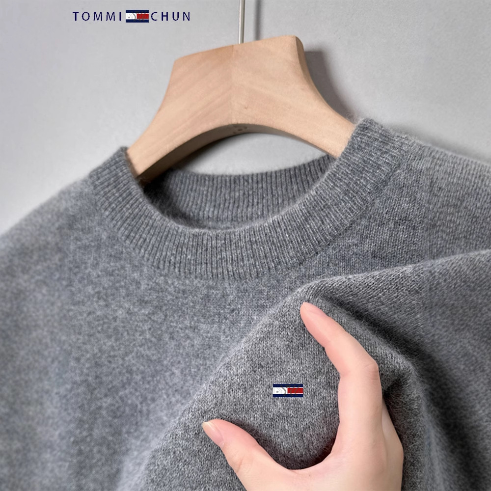 American Tommy Cardigan Men's Sweater Round Neck Thickeneded Pure Color Cashmere Fashion Casual Pullover Knitted Bottoming Shirt