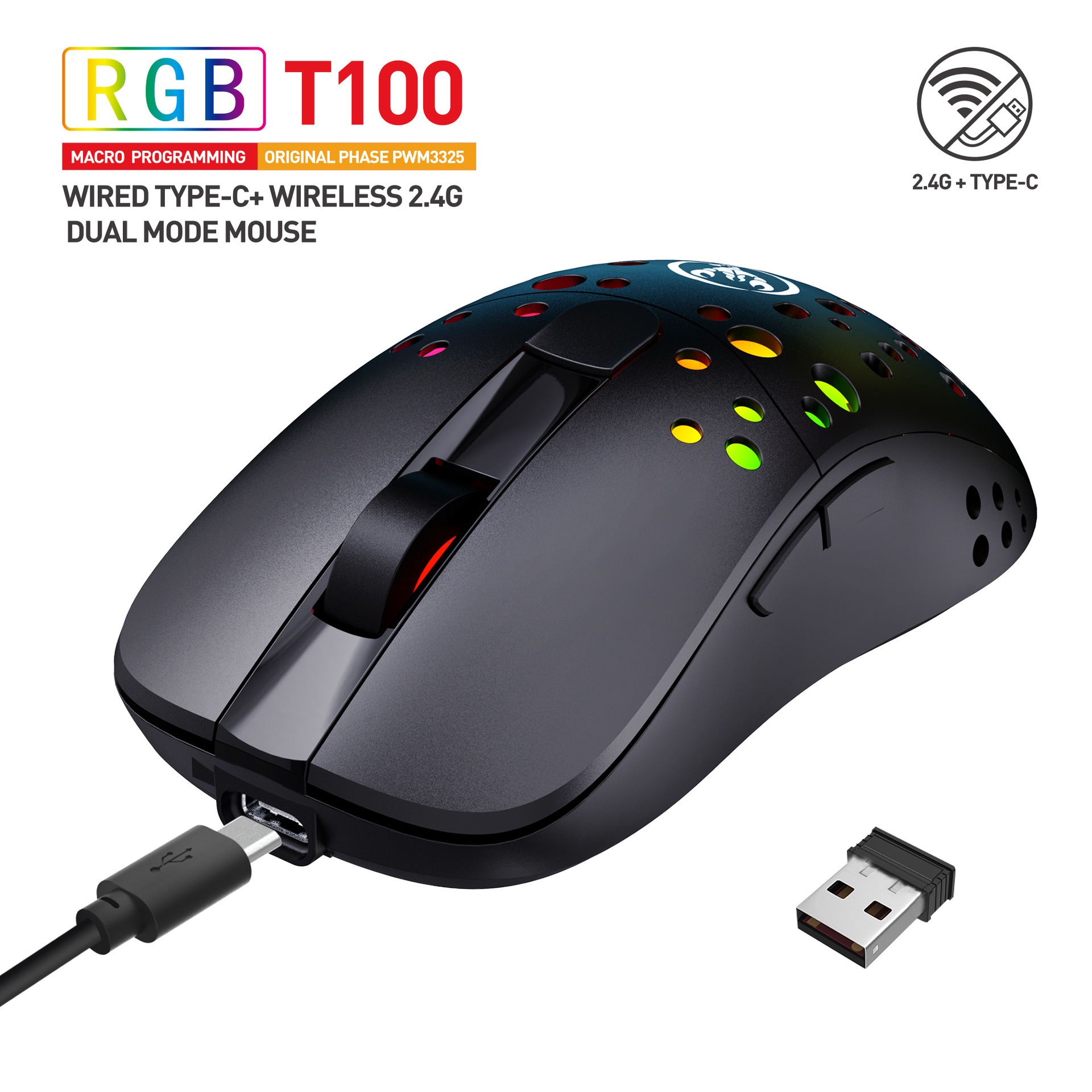 T100 vezetékes vezeték nélküli 2.4G kettős üzemmódú egér töltés 550MA akkumulátor RGB világító 6D programozható_voghion.com