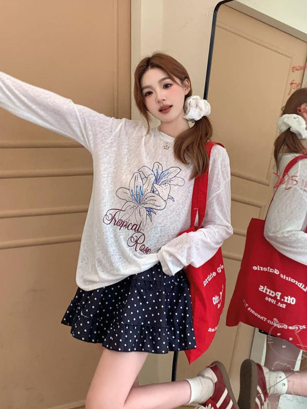 韓国スタイルのレイジーホワイトプリント長袖Tシャツレディースサマーデザインニッチルーズ薄手日焼け止めブラウストップ|undefined