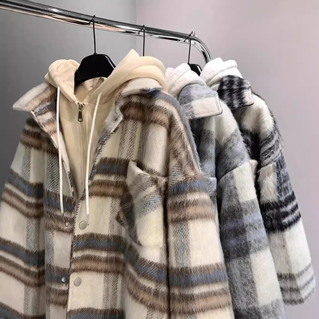 假两件棉服格子外套男秋冬季2024新款美式小香风情侣连帽棉衣夹克