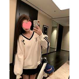 韩系宽松休闲卫衣女秋季新款蕾丝撞色长袖条纹上衣跨境直播爆款潮