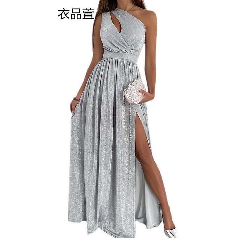 2025 AliExpress ウィッシュホットスタイル夏ノースリーブオフショルダー中空ホルターネックスリットロングドレス女性用|undefined