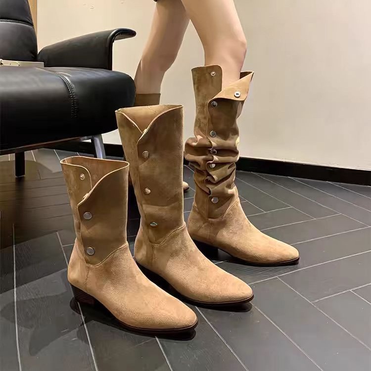 Retro denim suede fashionable low boots square toe