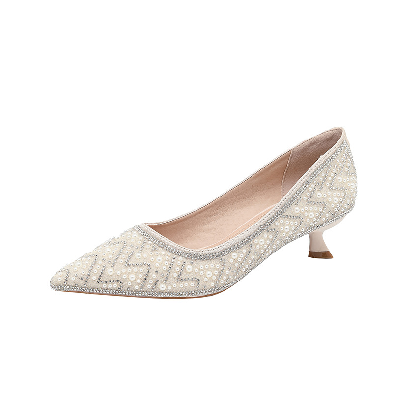 756-20 Summer New Pointed Stiletto Heel High Heels 2025 French Low Heel Rhinestone Not Tired Foot Single Shoes for Women