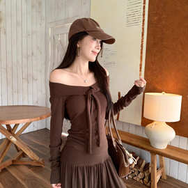 韩系套装绑带长袖T恤一字肩上衣女秋季高腰垂感半身裙长裙两件套