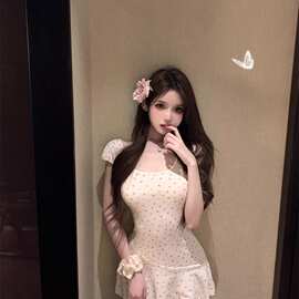 罗纹面料 碎花短袖连衣裙女收腰显瘦字裙