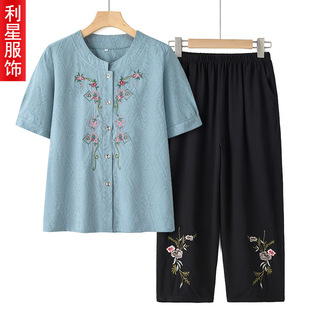 Grandma's Summer Short-Sleeved Cotton and Linen Suit, Middle-Aged and Elderly Women's Cardigan, Tang Suit, Old Lady's Clothes, Mother's Shirt