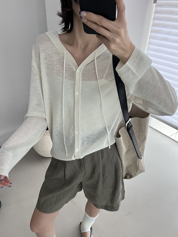 MMC DITIONアイスニットのカーディガン女性の夏の新型の薄い通気性の怠惰な風の帽子の長袖の日焼け止めのブラウス|undefined