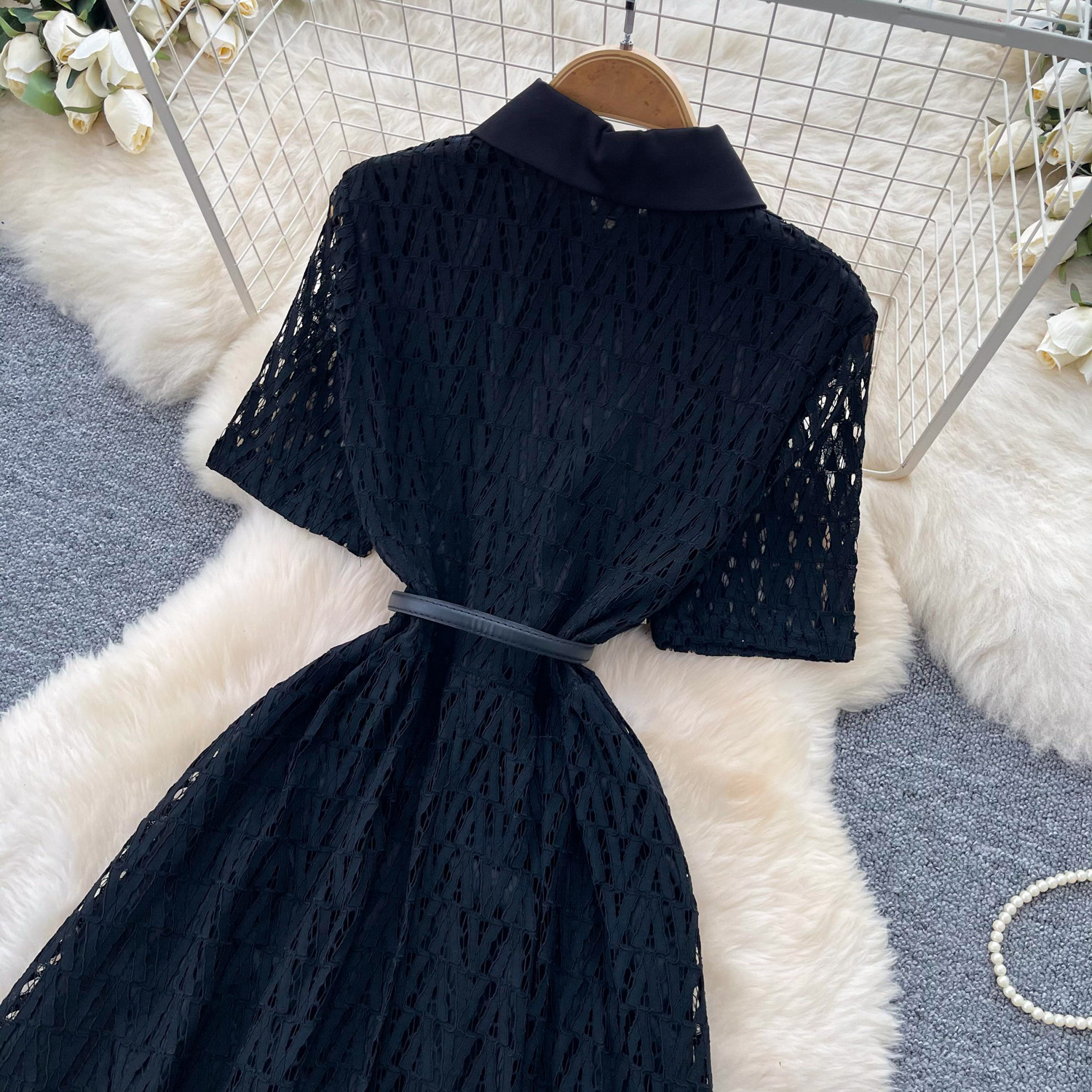 French-Inspired Lace Dress With Tie Waist - Elegant Black A-Line Midi Dress For Women_ecoleips.com