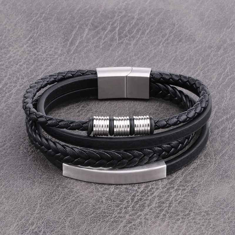 Men's Gender Braid Design Fashion Cross Rectangle Stainless Steel Pu Leather Braid Men's Bracelets Men Cord & Leather Bracelets