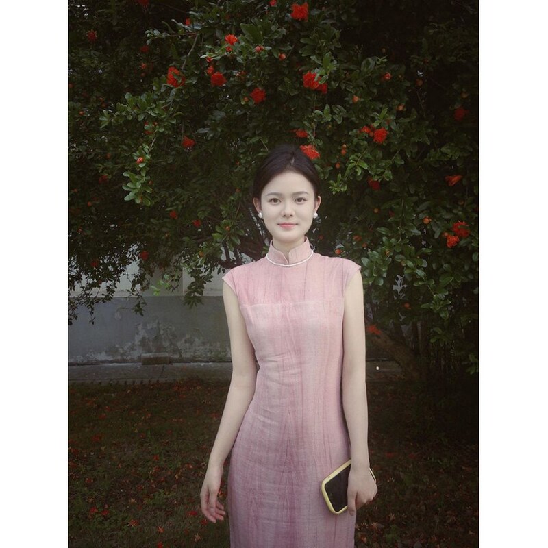 New Chinese-style Pink Halo-stand Collar Sleeveless dress Women's High-end Elegant Elegant Chic Modified Long Cheongsam