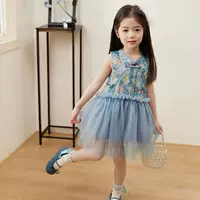 Костюм Тан для девочек Hanfu, детское летнее платье, новинка 2025 года, национальное платье в китайском стиле, детская сетчатая синяя юбка.