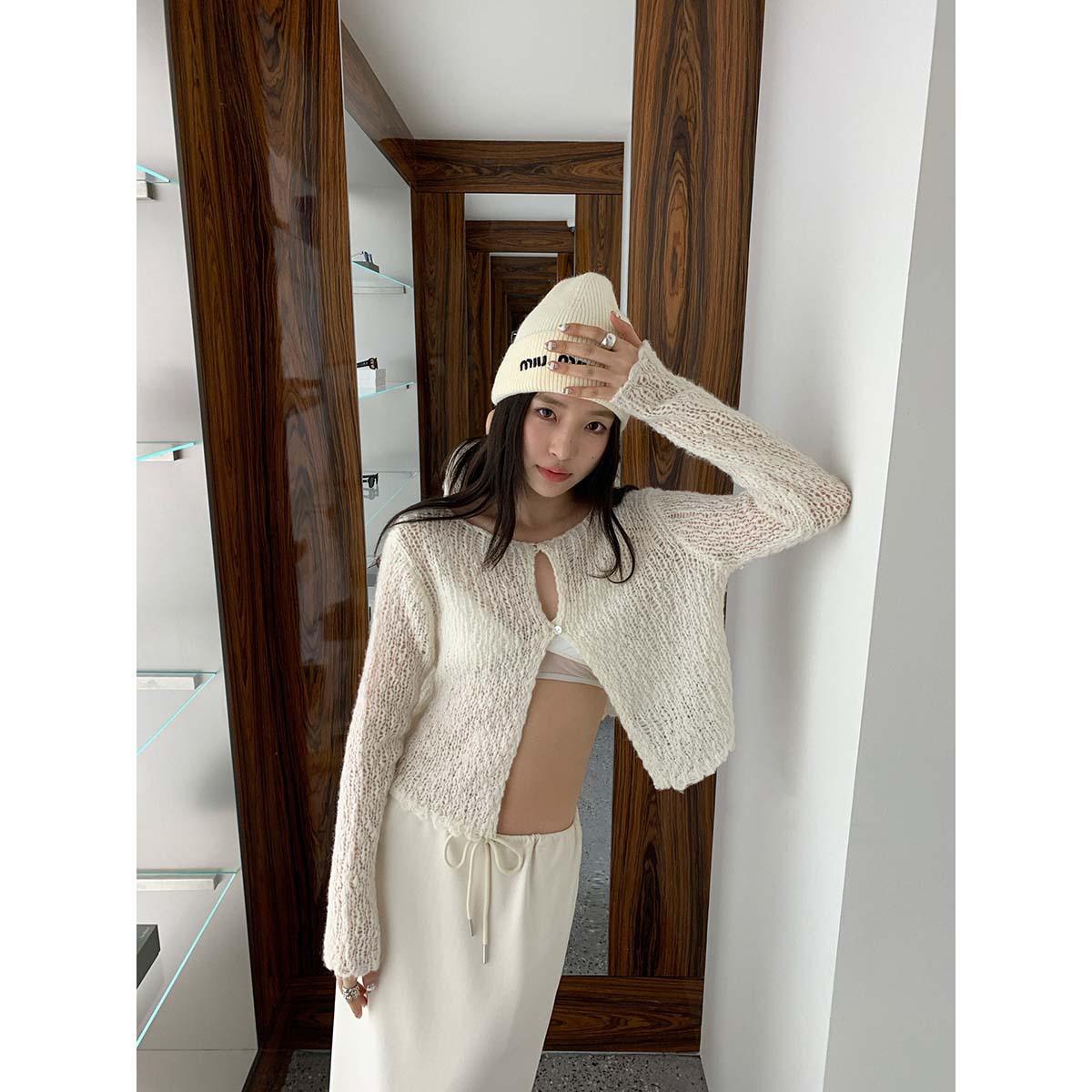 【No Returns or Exchanges】Reversible Wool Blend Hollow-Out Knit Sweater for Women, Autumn Long-Sleeve Blouse, Short Top