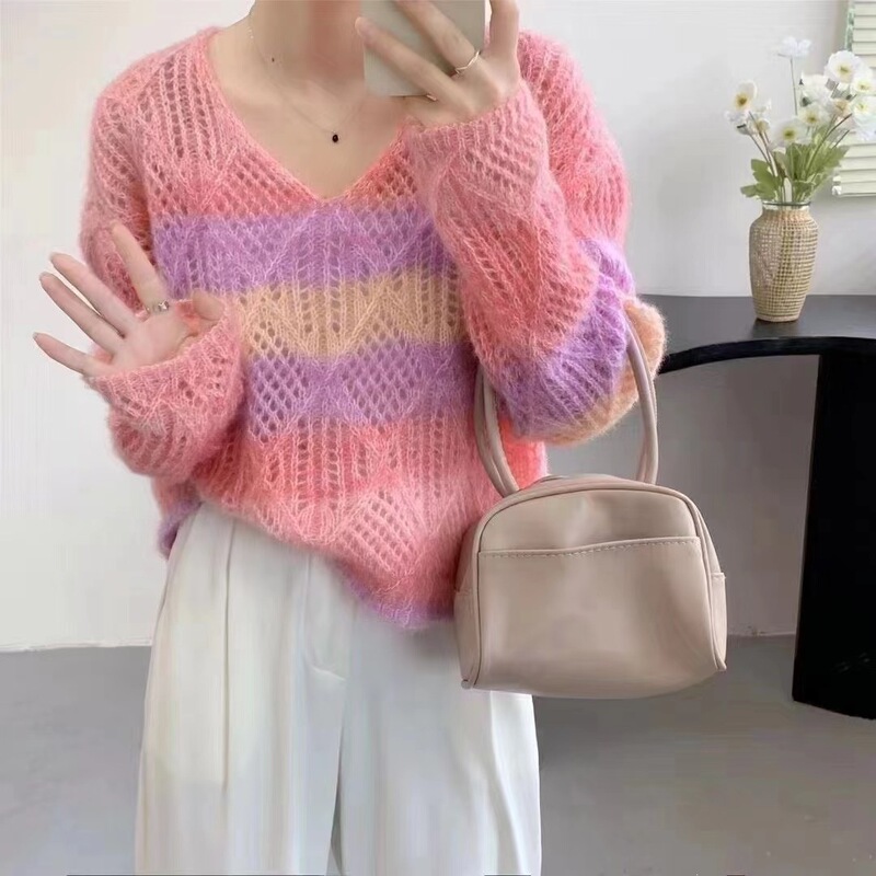 Trendy Striped Gradient Rainbow Color Hollow-Out Cardigan for Spring and Autumn, Fresh and Stylish, Age-Reducing, Thin, Loose-Fitting Knit Sweater for Women