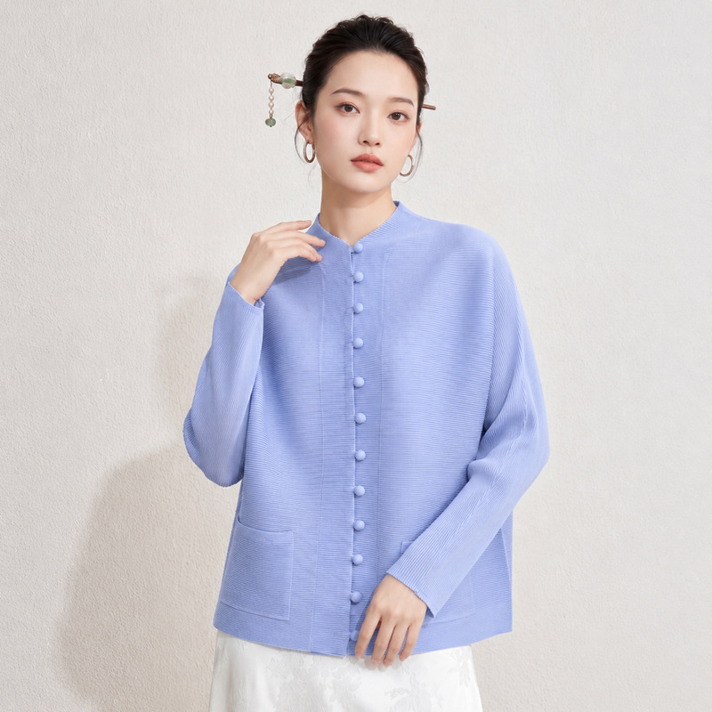 Middle-Aged Style Chinese-Inspired Pleated Jacket, Solid Color Wrinkle-Free Cardigan for Commuting and Outings, New Chinese Style Outerwear Middle-Aged Style Chinese-Inspired Pleated Jacket, Solid Color Wrinkle-Free Cardigan for Commuting and Outings, New Chinese Style Outerwear