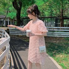 2024夏时尚气质小香风刺绣镂空蕾丝连衣裙温柔减龄粉红色仙女裙子
