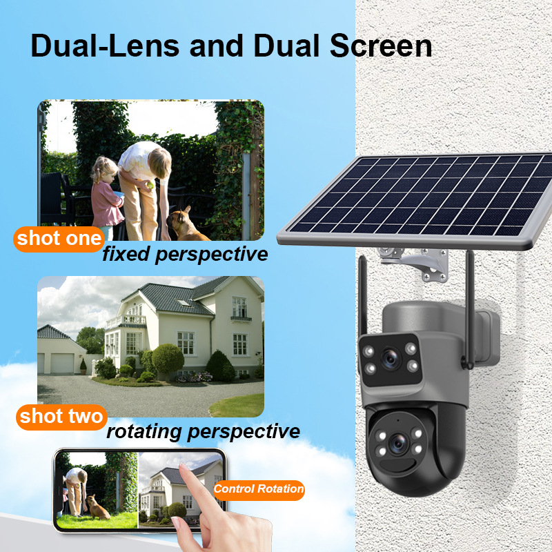 Cámara 4G de doble lente con energía solar para monitoreo con intercomunicador de voz de doble pantalla de alta definición e inteligencia infrarroja.