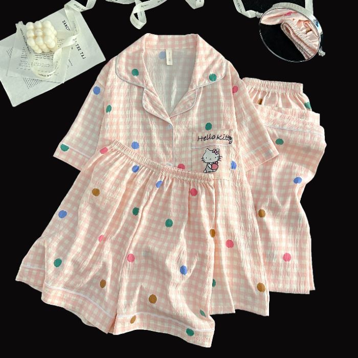 Venta al por mayor transfronteriza de tres piezas nube de algodón solapa cárdigan de dibujos animados pantalones de manga corta pantalones cortos ropa a domicilio traje de pijama de mujer
