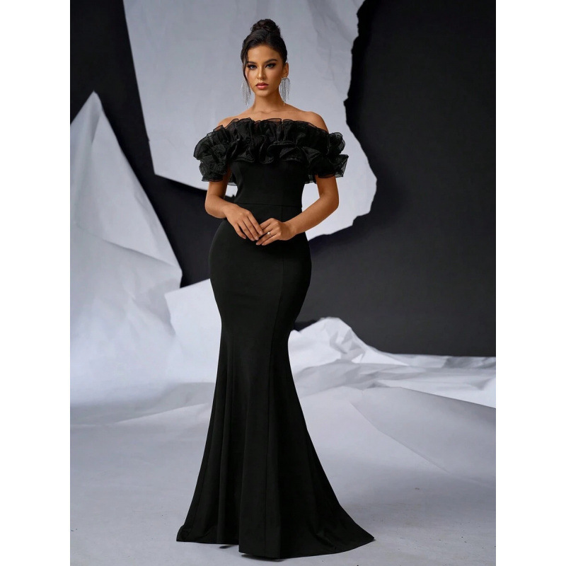 2025 Export Dropshipping Women Party Wear Black Exaggerated Mesh 3D Floral Off-Shoulder Floor-Length Skirt