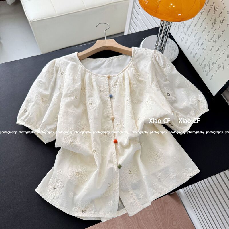 Korean-Style Three-Dimensional Floral Embroidery Hollow-Out Short-Sleeve Shirt for Women, Summer Youthful Colorful Buttoned Loose Slimming Top Trendy Blouse