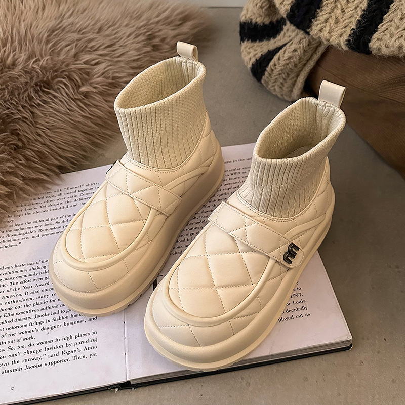 2023 New Winter Velvet Warm Cotton Shoes Thick Sole Anti Slip Short Boots Thick Heel Sleeve Socks Boots_voghion.com