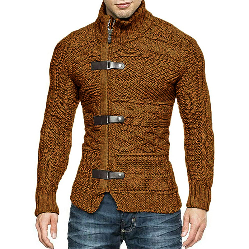 Turtleneck Sweater Men's Leather Button Long Sleeve Knitted Cardigan Jacket