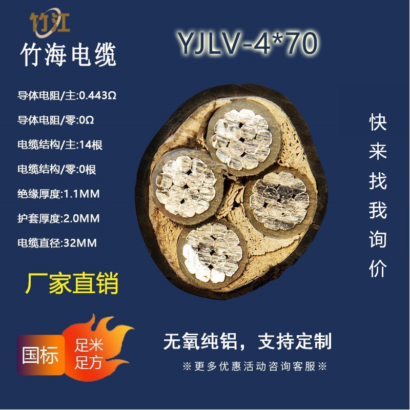 【竹海】电力电缆YJLV-4*70 四芯国标无氧铝铠装铺设铝线阻燃铝芯