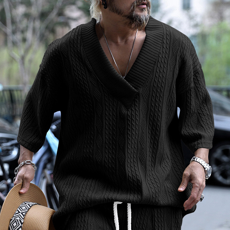 Cross-Border Camiseta de punto casual de los hombres de verano de manga corta suelta Amazon suelta gran cuello en V deportes color sólido camiseta de los hombres