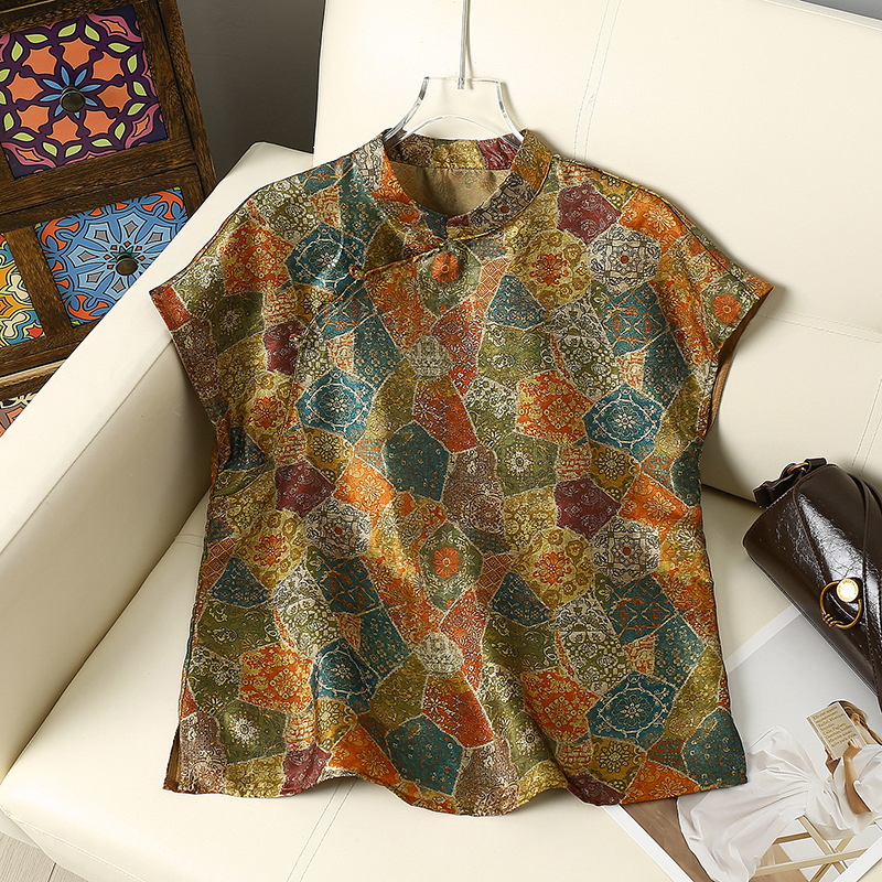 Summer Style Chinese-Style Printed Short-Sleeved T-Shirt, Elegant Middle-Aged Women's Clothing, Retro and Stylish New Chinese-Style Women's Clothing, Breathable Shirt