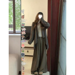 原创慵懒中长款毛衣开衫女早秋修身V领打底衫宽松显瘦阔腿裤套装
