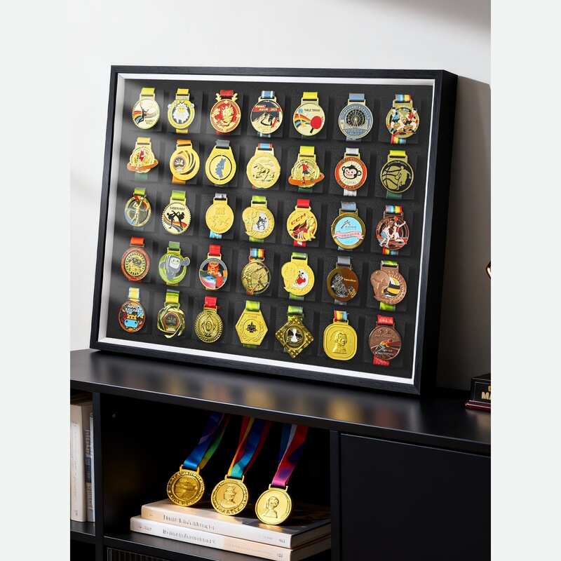 New Medal Display Rack with Dust-Proof Medal Storage Display Frame, Wall-Mounted Hollow Three-Dimensional Photo Frame, Tabletop Wooden Frame