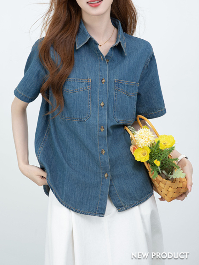 Áo sơ mi denim nữ tay dài phong cách retro rộng rãi — xanh lam