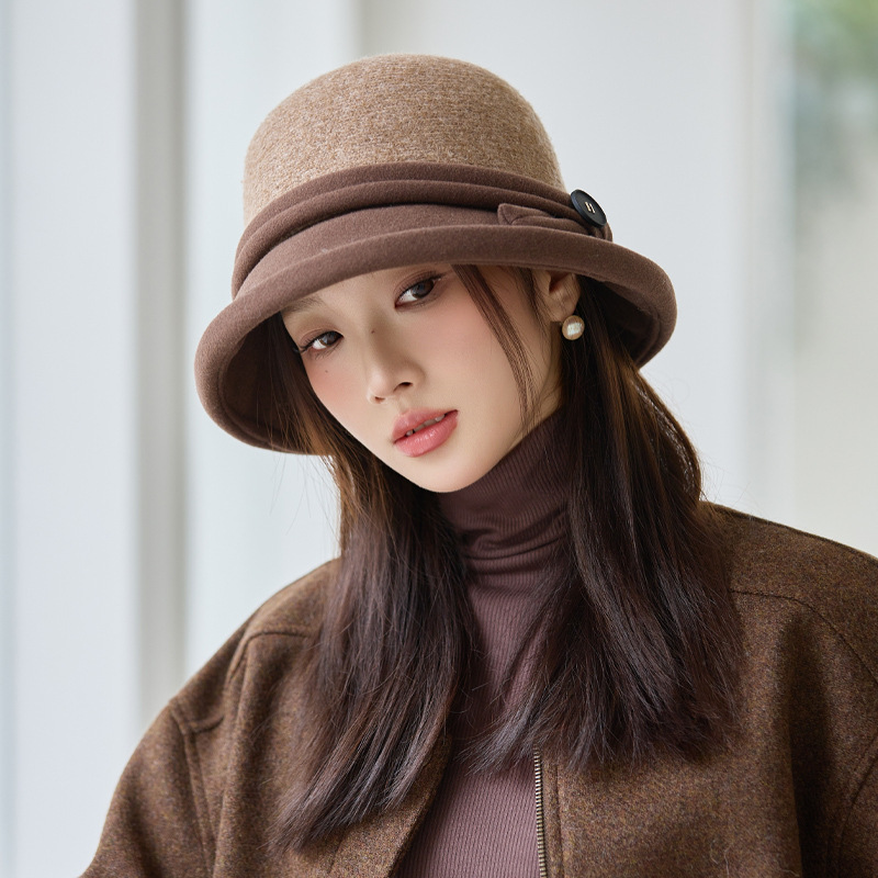 韩版秋冬季帽子女款时尚百搭大头围保暖盆帽蝴蝶结毛呢气质渔夫帽|undefined