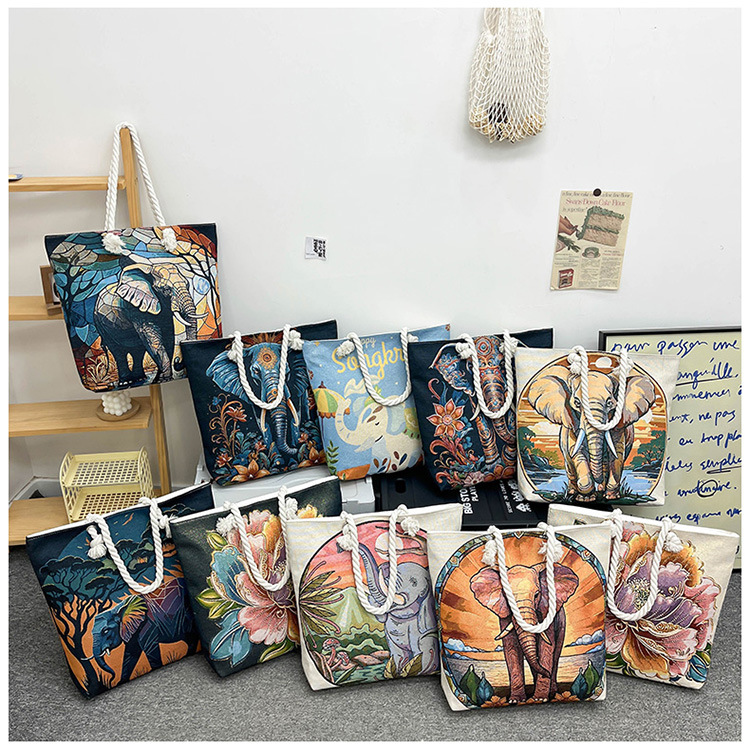 300g Weight Polyester Lining Material Zipper Closure Type Single Shoulder Strap Strap Type Tote Bag Bags Type Holiday, Travel Occasion Canvas Material Elephant Pattern All Seasons Season Women's Gender Ethnic Style, Classic Style Style Square Shape Medium Size Women's Medium Canvas Elephant Ethnic Style Classic Style Square Zipper Tote Bag 31