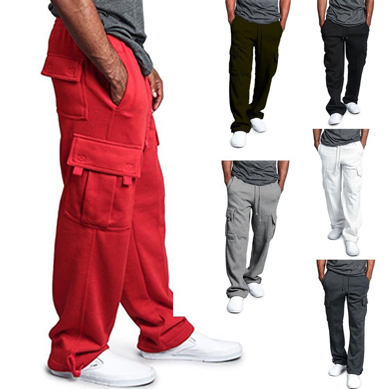 Men's Clothing new men's multi pocket overalls Autumn and winter brushed casual cuffed trousers for men_voghion.com